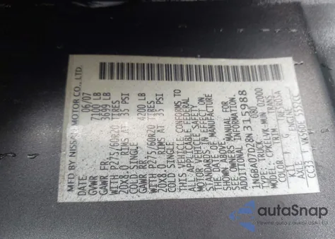 2008 Nissan Titan Le from USA, damaged, VIN 1N6BA07D28N315988